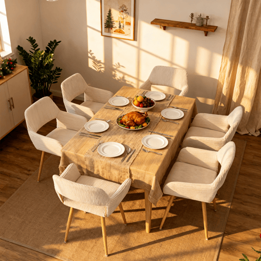 Conjunto de 6 Cadeiras de Jantar Ergonómicas com Apoio de Braços Cadeira de Sala Estofada em Veludo Cotelê Cadeira de Escritório Moderna com Pernas Efeito Madeira Bege
