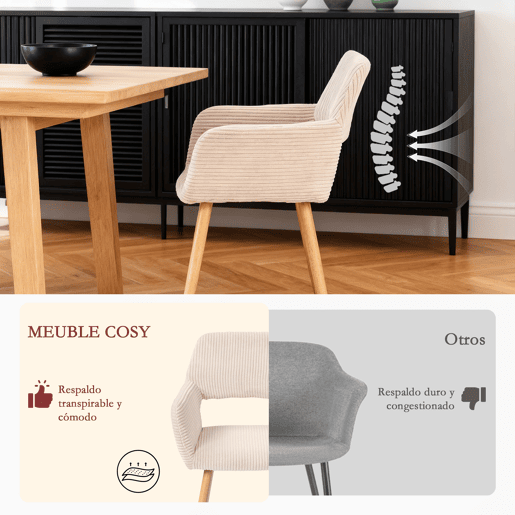 Conjunto de 6 Cadeiras de Jantar Ergonómicas com Apoio de Braços Cadeira de Sala Estofada em Veludo Cotelê Cadeira de Escritório Moderna com Pernas Efeito Madeira Bege