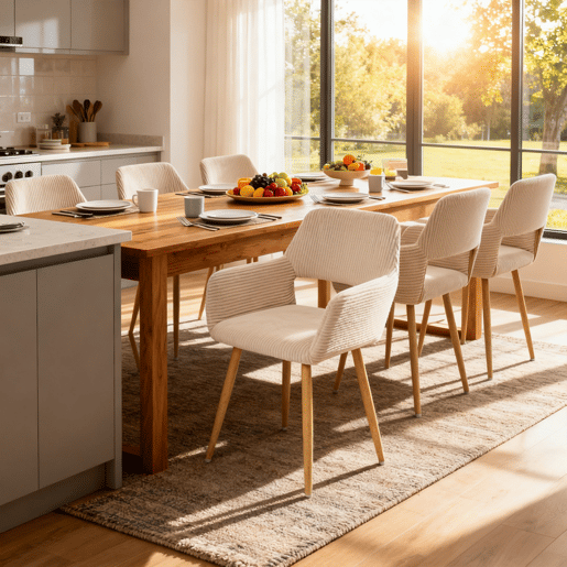 Conjunto de 6 Cadeiras de Jantar Ergonómicas com Apoio de Braços Cadeira de Sala Estofada em Veludo Cotelê Cadeira de Escritório Moderna com Pernas Efeito Madeira Bege