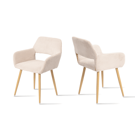 Conjunto de 2 Cadeiras de Jantar Ergonómicas com Apoio de Braços Cadeira de Sala Estofada em Veludo Cotelê Cadeira de Escritório Moderna com Pernas Efeito Madeira Bege