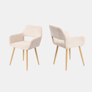 Conjunto de 2 Cadeiras de Jantar Ergonómicas com Apoio de Braços Cadeira de Sala Estofada em Veludo Cotelê Cadeira de Escritório Moderna com Pernas Efeito Madeira Bege