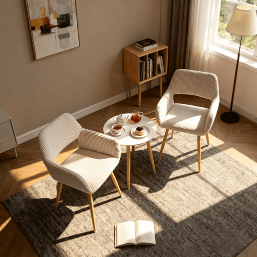 Conjunto de 2 Cadeiras de Jantar Ergonómicas com Apoio de Braços Cadeira de Sala Estofada em Veludo Cotelê Cadeira de Escritório Moderna com Pernas Efeito Madeira Bege