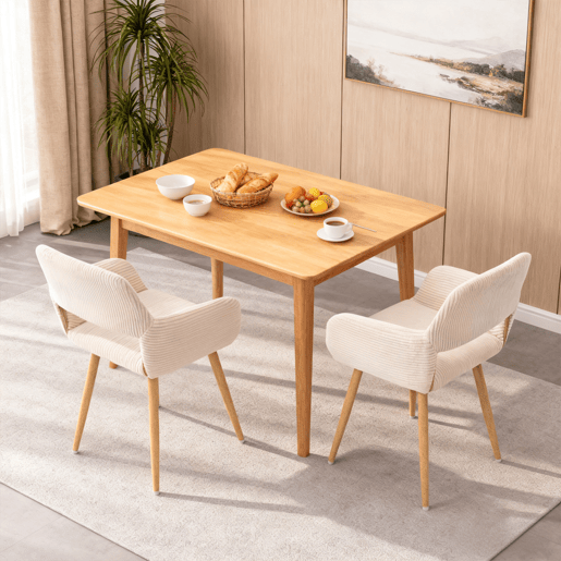 Conjunto de 2 Cadeiras de Jantar Ergonómicas com Apoio de Braços Cadeira de Sala Estofada em Veludo Cotelê Cadeira de Escritório Moderna com Pernas Efeito Madeira Bege