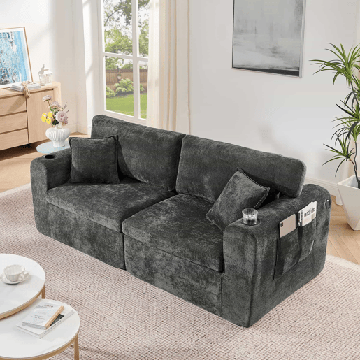 Sofá relax de 2 lugares - ideal para espaços pequenos, tecido de chenille macio, bolso lateral para revistas, porta-copos e almofadas - preto