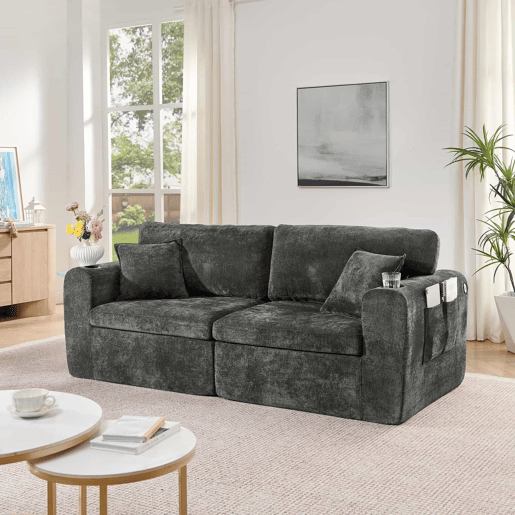 Sofá relax de 2 lugares - ideal para espaços pequenos, tecido de chenille macio, bolso lateral para revistas, porta-copos e almofadas - preto