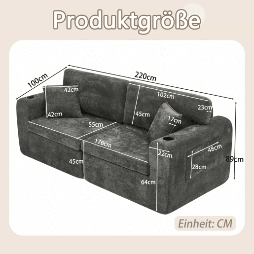 Sofá relax de 2 lugares - ideal para espaços pequenos, tecido de chenille macio, bolso lateral para revistas, porta-copos e almofadas - preto