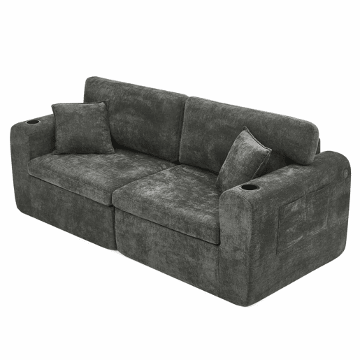Sofá relax de 2 lugares - ideal para espaços pequenos, tecido de chenille macio, bolso lateral para revistas, porta-copos e almofadas - preto