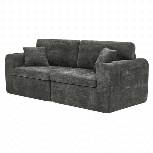 Sofá relax de 2 lugares - ideal para espaços pequenos, tecido de chenille macio, bolso lateral para revistas, porta-copos e almofadas - preto
