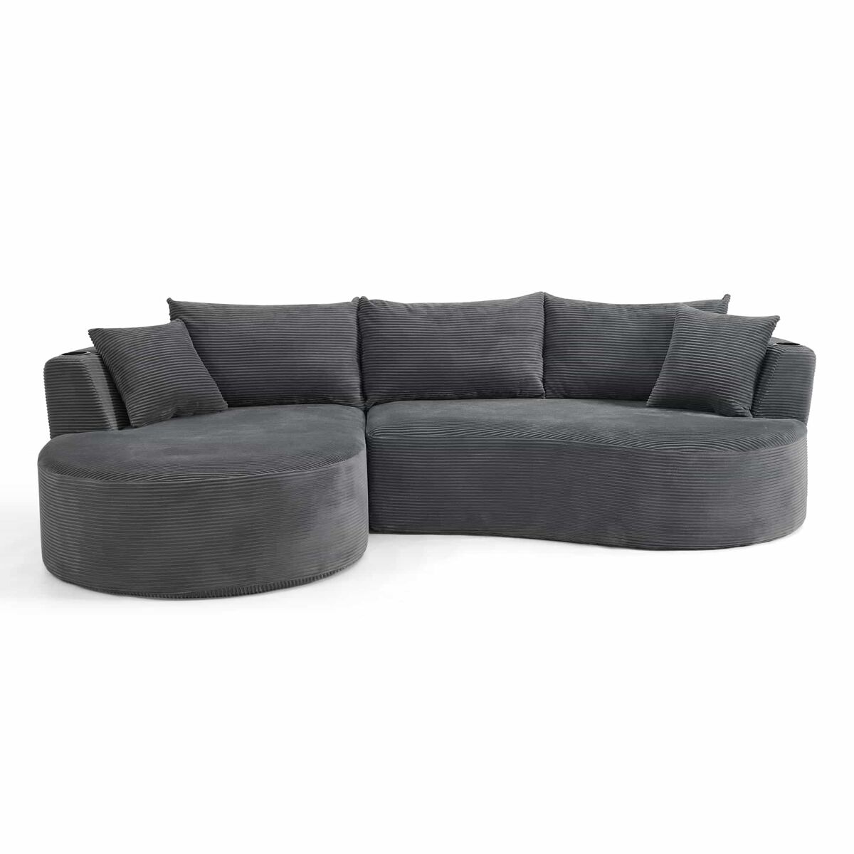 sofa de compresion de 3 plazas con chaise longue izquierda  sofa de 2 plazas - diseno curvo tejido de pana suave portavasos y cojines envasado al vacio - gris
