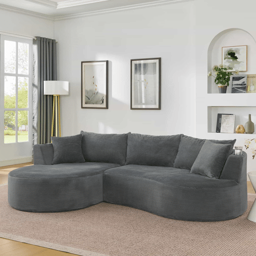 Sofá modular de 3 lugares com chaise longue à esquerda + sofá de 2 lugares - design curvo, tecido de veludo cotelê macio, porta-copos e almofadas, embalado a vácuo - cinzento