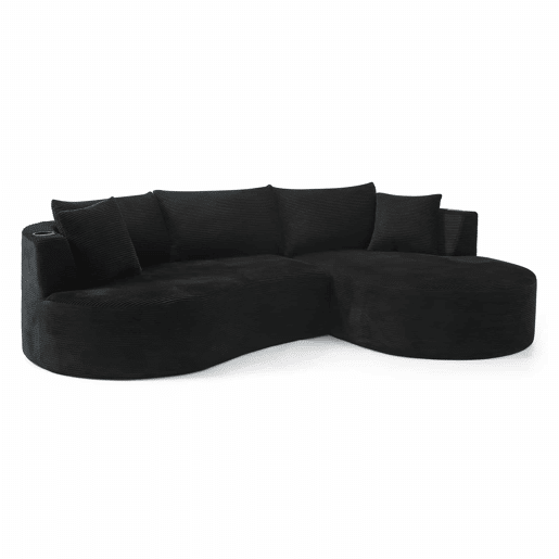 Sofá compactável de 3 lugares - chaise longue à direita + sofá de 2 lugares - design curvo, tecido de veludo cotelê macio, com porta-copos e almofadas, embalado a vácuo - preto