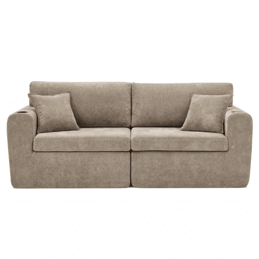 Sofá relax de 2 lugares - compacto para espaços pequenos, tecido de chenille macio, bolso lateral para revistas, porta-copos integrado, inclui almofadas, ideal para a sala de estar, escritório, quarto de hóspedes e apartamentos - Castanho
