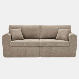 Sofá relax de 2 lugares - compacto para espaços pequenos, tecido de chenille macio, bolso lateral para revistas, porta-copos integrado, inclui almofadas, ideal para a sala de estar, escritório, quarto de hóspedes e apartamentos - Castanho