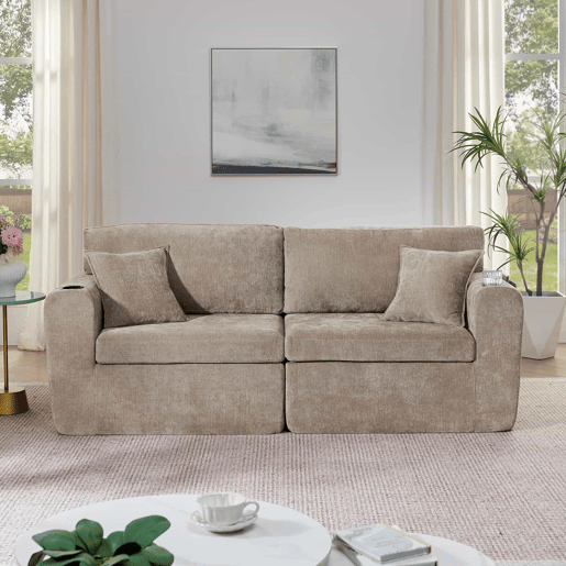 Sofá relax de 2 lugares - compacto para espaços pequenos, tecido de chenille macio, bolso lateral para revistas, porta-copos integrado, inclui almofadas, ideal para a sala de estar, escritório, quarto de hóspedes e apartamentos - Castanho