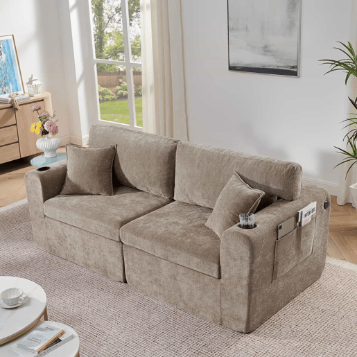 Sofá relax de 2 lugares - compacto para espaços pequenos, tecido de chenille macio, bolso lateral para revistas, porta-copos integrado, inclui almofadas, ideal para a sala de estar, escritório, quarto de hóspedes e apartamentos - Castanho