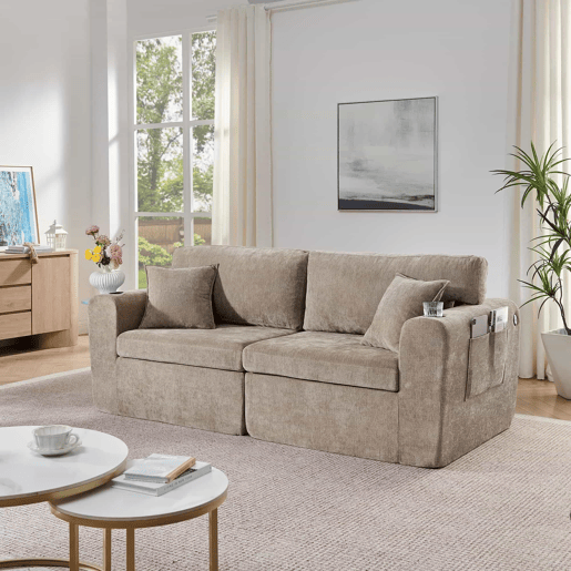 Sofá relax de 2 lugares - compacto para espaços pequenos, tecido de chenille macio, bolso lateral para revistas, porta-copos integrado, inclui almofadas, ideal para a sala de estar, escritório, quarto de hóspedes e apartamentos - Castanho