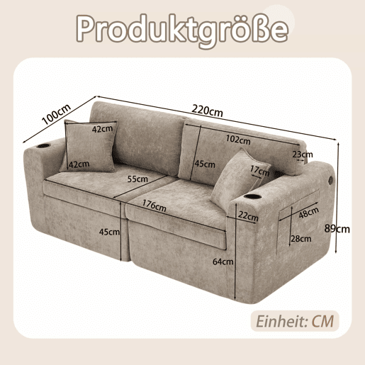 Sofá relax de 2 lugares - compacto para espaços pequenos, tecido de chenille macio, bolso lateral para revistas, porta-copos integrado, inclui almofadas, ideal para a sala de estar, escritório, quarto de hóspedes e apartamentos - Castanho