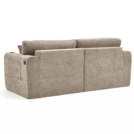 Sofá relax de 2 lugares - compacto para espaços pequenos, tecido de chenille macio, bolso lateral para revistas, porta-copos integrado, inclui almofadas, ideal para a sala de estar, escritório, quarto de hóspedes e apartamentos - Castanho