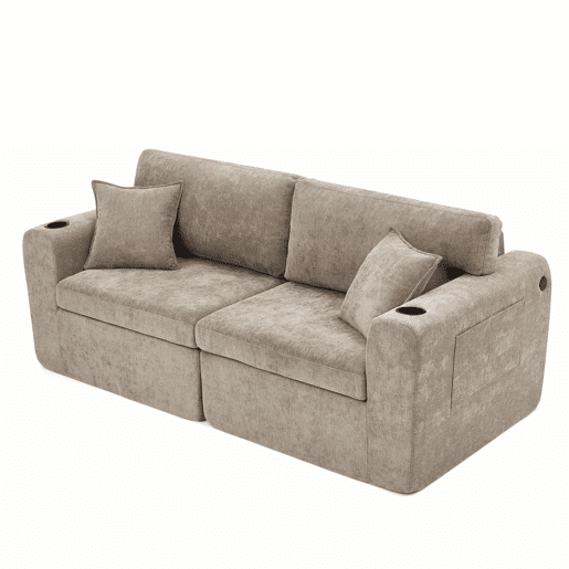 Sofá relax de 2 lugares - compacto para espaços pequenos, tecido de chenille macio, bolso lateral para revistas, porta-copos integrado, inclui almofadas, ideal para a sala de estar, escritório, quarto de hóspedes e apartamentos - Castanho