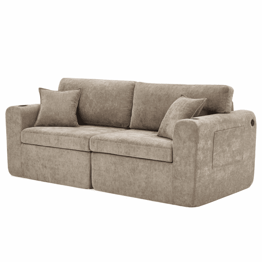 Sofá relax de 2 lugares - compacto para espaços pequenos, tecido de chenille macio, bolso lateral para revistas, porta-copos integrado, inclui almofadas, ideal para a sala de estar, escritório, quarto de hóspedes e apartamentos - Castanho
