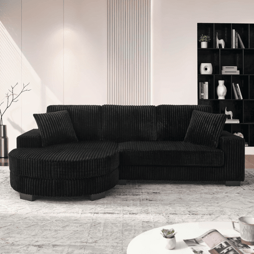 Sofá de canto em L 256,5 x 133,5 x 89 cm - Sofá modular de 4 lugares em veludo clássico com otomana oval e 2 almofadas, ideal para sala de estar, apartamento e escritório - Preto