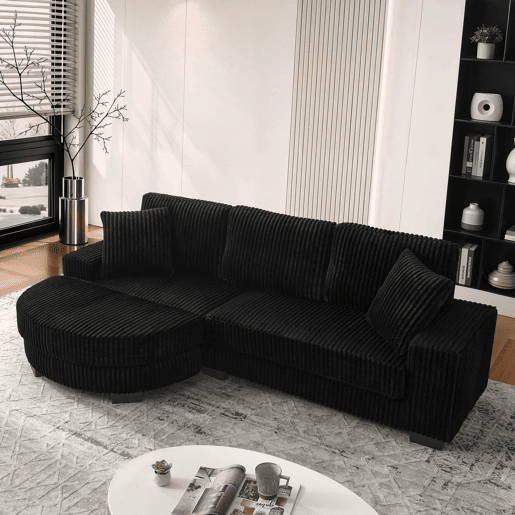 Sofá de canto em L 256,5 x 133,5 x 89 cm - Sofá modular de 4 lugares em veludo clássico com otomana oval e 2 almofadas, ideal para sala de estar, apartamento e escritório - Preto