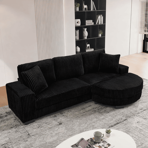 Sofá de canto em L 256,5 x 133,5 x 89 cm - Sofá modular de 4 lugares em veludo clássico com otomana oval e 2 almofadas, ideal para sala de estar, apartamento e escritório - Preto