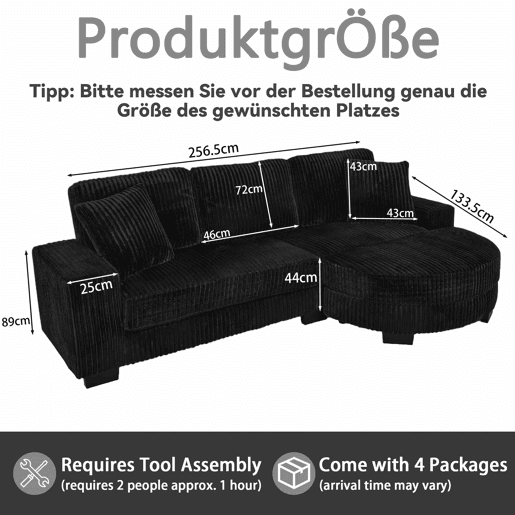 Sofá de canto em L 256,5 x 133,5 x 89 cm - Sofá modular de 4 lugares em veludo clássico com otomana oval e 2 almofadas, ideal para sala de estar, apartamento e escritório - Preto