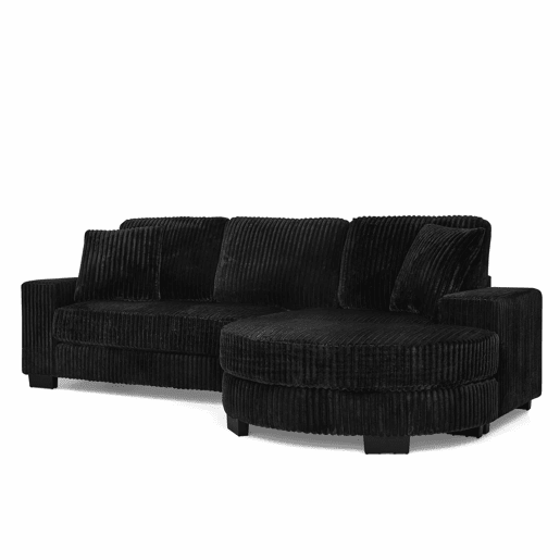 Sofá de canto em L 256,5 x 133,5 x 89 cm - Sofá modular de 4 lugares em veludo clássico com otomana oval e 2 almofadas, ideal para sala de estar, apartamento e escritório - Preto
