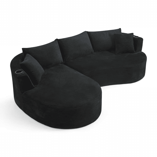 Sofá de 3 lugares com estrutura expansível - chaise longue à esquerda + 2 lugares, design curvo, tecido de veludo cotelê macio, porta-copos e almofadas, embalado a vácuo, para sala de estar, hotel, apartamento e escritório - Preto