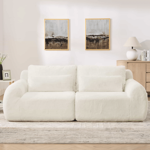 Sofá de 2 lugares - tecido felpudo macio estilo coelho, alta resiliência, porta USB, bolso lateral para revistas - Bege