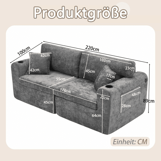 Sofá relax de 2 lugares - para espaços pequenos - tecido de chenille macio, bolso lateral, porta-copos e almofadas, adequado para a sala de estar, escritório, quarto de hóspedes e apartamentos - Cinza
