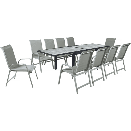 Mesa e cadeiras de jardim em alumínio extensível Lagos - 140280 x 90 x 76 cm - 10 lugares sentados - Cinzento claro