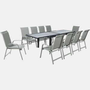 Mesa e cadeiras de jardim em alumínio extensível Lagos - 140280 x 90 x 76 cm - 10 lugares sentados - Cinzento claro