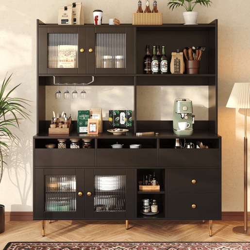 Armário de sala de jantar 145x39x171 cm - Portas de vidro Changhong, prateleira para copos de vinho, armazenamento em camadas - Preto