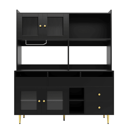 Armário de sala de jantar 145x39x171 cm - Portas de vidro Changhong, prateleira para copos de vinho, armazenamento em camadas - Preto