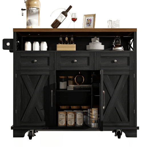 Ilha de cozinha moderna 118×43-80×98 cm - Móvel de cozinha com design em madeira, carrinho com rodas, armazenamento multifuncional, divisórias removíveis, com suporte para toalhas - Preto Ilha de cozinha moderna 118×43-80×98 cm - Móvel de cozinha com design em madeira, carrinho com rodas, armazenamento multifuncional, divisórias removíveis, com suporte para toalhas - Preto