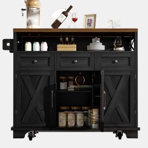 Ilha de cozinha moderna 118×43-80×98 cm - Móvel de cozinha com design em madeira, carrinho com rodas, armazenamento multifuncional, divisórias removíveis, com suporte para toalhas - Preto