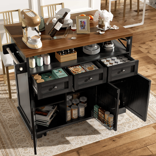 Ilha de cozinha moderna 118×43-80×98 cm - Móvel de cozinha com design em madeira, carrinho com rodas, armazenamento multifuncional, divisórias removíveis, com suporte para toalhas - Preto Ilha de cozinha moderna 118×43-80×98 cm - Móvel de cozinha com design em madeira, carrinho com rodas, armazenamento multifuncional, divisórias removíveis, com suporte para toalhas - Preto