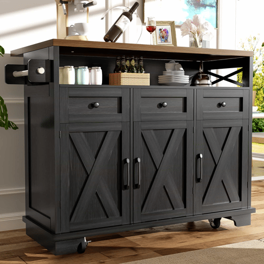 Ilha de cozinha moderna 118×43-80×98 cm - Móvel de cozinha com design em madeira, carrinho com rodas, armazenamento multifuncional, divisórias removíveis, com suporte para toalhas - Preto Ilha de cozinha moderna 118×43-80×98 cm - Móvel de cozinha com design em madeira, carrinho com rodas, armazenamento multifuncional, divisórias removíveis, com suporte para toalhas - Preto