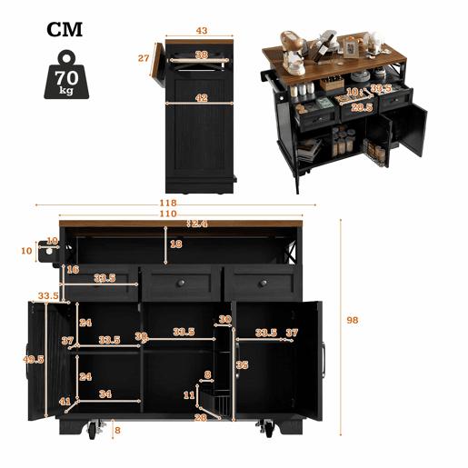 Ilha de cozinha moderna 118×43-80×98 cm - Móvel de cozinha com design em madeira, carrinho com rodas, armazenamento multifuncional, divisórias removíveis, com suporte para toalhas - Preto Ilha de cozinha moderna 118×43-80×98 cm - Móvel de cozinha com design em madeira, carrinho com rodas, armazenamento multifuncional, divisórias removíveis, com suporte para toalhas - Preto