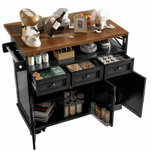Ilha de cozinha moderna 118×43-80×98 cm - Móvel de cozinha com design em madeira, carrinho com rodas, armazenamento multifuncional, divisórias removíveis, com suporte para toalhas - Preto Ilha de cozinha moderna 118×43-80×98 cm - Móvel de cozinha com design em madeira, carrinho com rodas, armazenamento multifuncional, divisórias removíveis, com suporte para toalhas - Preto