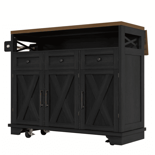 Ilha de cozinha moderna 118×43-80×98 cm - Móvel de cozinha com design em madeira, carrinho com rodas, armazenamento multifuncional, divisórias removíveis, com suporte para toalhas - Preto Ilha de cozinha moderna 118×43-80×98 cm - Móvel de cozinha com design em madeira, carrinho com rodas, armazenamento multifuncional, divisórias removíveis, com suporte para toalhas - Preto