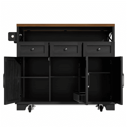 Ilha de cozinha moderna 118×43-80×98 cm - Móvel de cozinha com design em madeira, carrinho com rodas, armazenamento multifuncional, divisórias removíveis, com suporte para toalhas - Preto Ilha de cozinha moderna 118×43-80×98 cm - Móvel de cozinha com design em madeira, carrinho com rodas, armazenamento multifuncional, divisórias removíveis, com suporte para toalhas - Preto