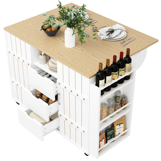 Ilha de cozinha - com rodas e bancada - com prateleira para especiarias e toalheiro - branco