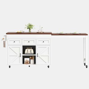Ilha de cozinha com balcão e mesa de jantar extensível de 131,5 a 210 cm u2013 giratória a 360°, com gavetas e armários, bancada multifuncional u2013 Branco