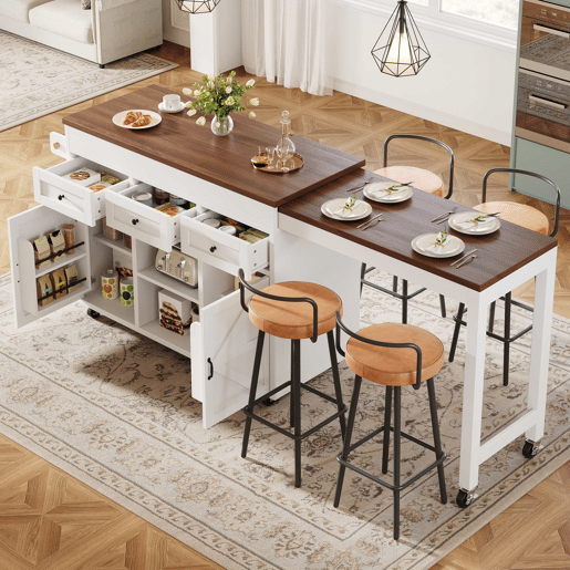 Ilha de cozinha com balcão e mesa de jantar extensível de 131,5 a 210 cm u2013 giratória a 360°, com gavetas e armários, bancada multifuncional u2013 Branco