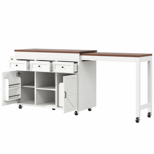 Ilha de cozinha com balcão e mesa de jantar extensível de 131,5 a 210 cm u2013 giratória a 360°, com gavetas e armários, bancada multifuncional u2013 Branco