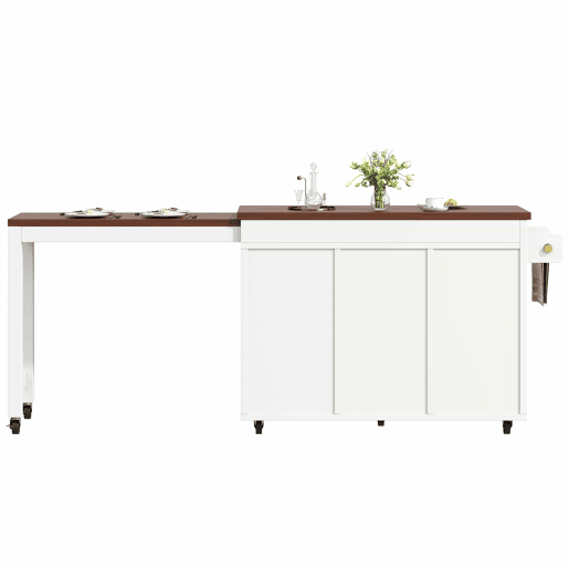 Ilha de cozinha com balcão e mesa de jantar extensível de 131,5 a 210 cm u2013 giratória a 360°, com gavetas e armários, bancada multifuncional u2013 Branco