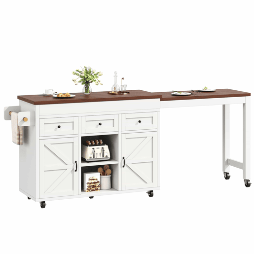 Ilha de cozinha com balcão e mesa de jantar extensível de 131,5 a 210 cm u2013 giratória a 360°, com gavetas e armários, bancada multifuncional u2013 Branco
